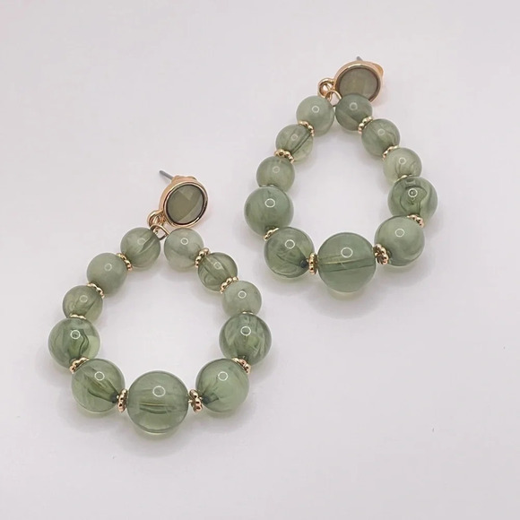 Green Stone Beaded Dangle Statement Post Earrings For Women - Picture 2 of 3